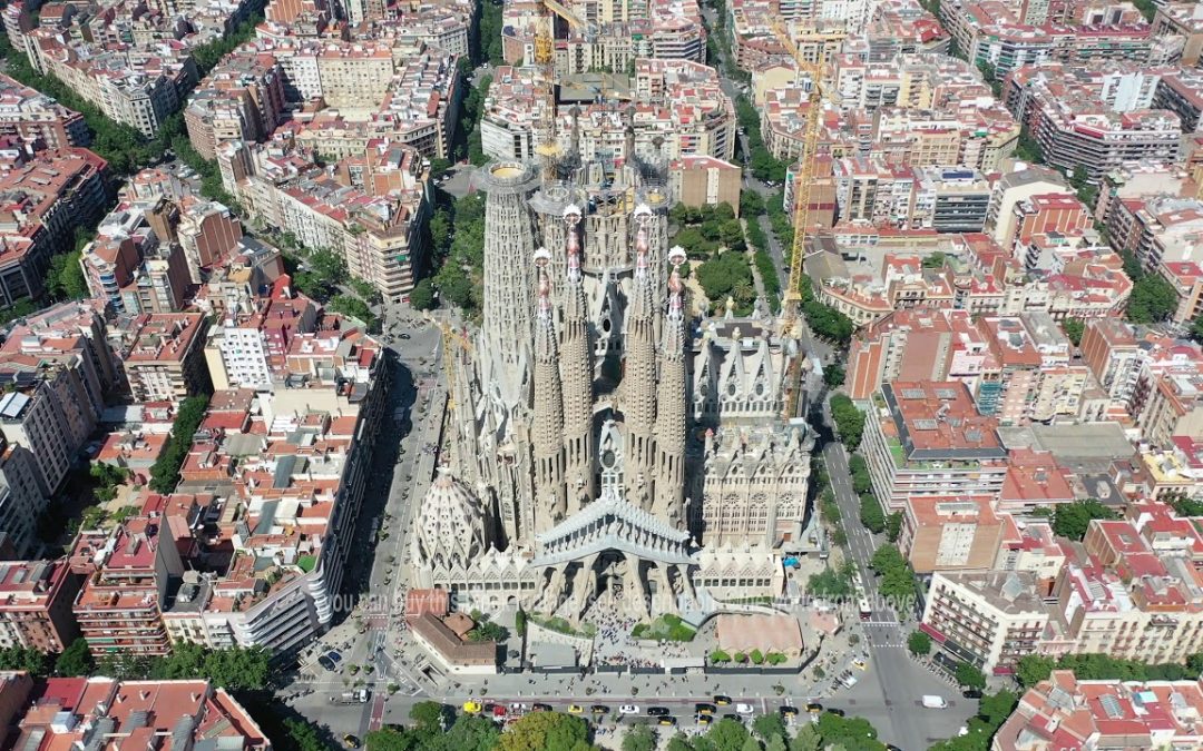 Aerial Stock Footage: Flying Drone over Sagrada Familia in City Barcelona – Eixample District 4k