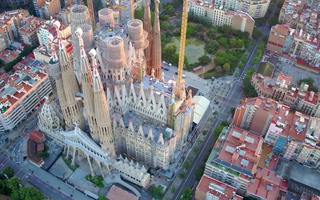Iconic Sargrada Familia Barcelona dawn aerial