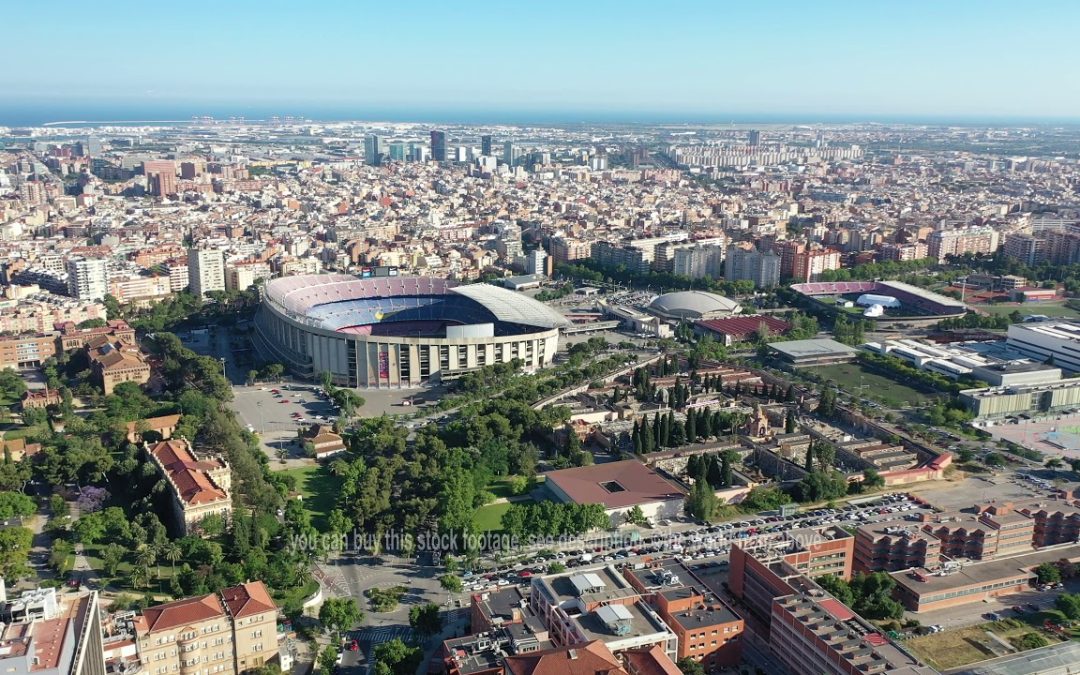 Aerial Stock Footage: Flying with Drone over Camp Nou Football Stadium FC Barcelona
