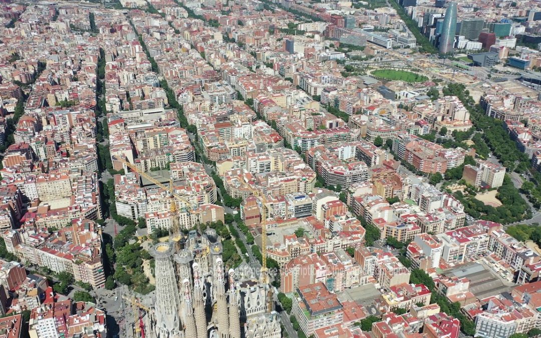 Aerial Stock Footage: Flying Drone over Sagrada Familia in City Barcelona – Eixample District 4k